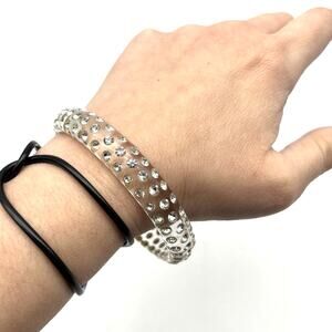 Vintage 90s Y2K Clear Acrylic White Rhinestone Bling Bangle Bracelet 8"